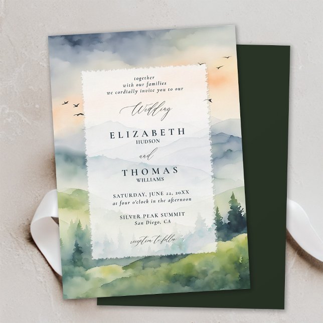 Mountains Sunrise Dream Deckle Ram Bröllop Inbjudningar (mountains wedding invitation romantic sunrise rustic outdoors forest pine birds landscape watercolor)