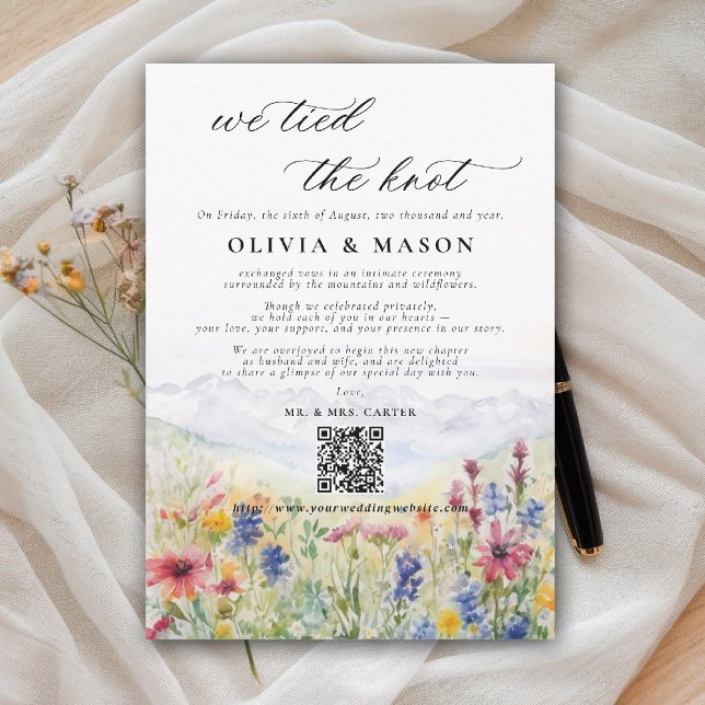 Mountains Wildflowers Meadow Wedding Announcement Inbjudningar (we tied the knot wedding announcement mountains wildflowers meadow modern calligraphy watercolor)