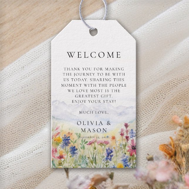 Mountains Wildflowers Meadow Whimsical Wedding Presentetikett (mountains wedding gift tag wildflowers meadow floral watercolor modern elegant rustic romantic)