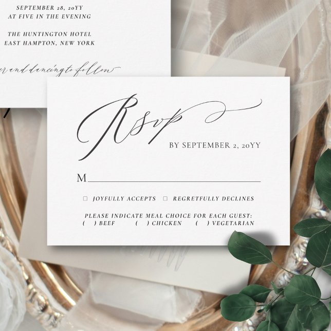 Mourishing Elegant Script Meal Choice Bröllop OSA Kort (This elegant, minimalist RSVP card features a handwritten calligraphy script and your meal choices)