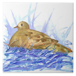 Mourning Dove Bird in a Nest Watercolor Wildlife Kakelplatta