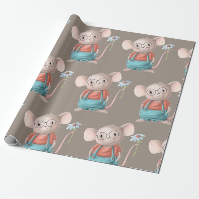 Mouse Animal Tecknad Glass Birthday Presentpapper (Utrullad)