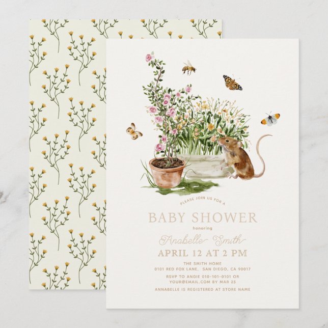 Mouse Butterfly Bee Garden Baby Shower Inbjudningar (Fram/baksida)