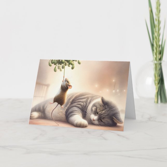 Mouse Cat under Mistletoe Helgkort (Framsida)