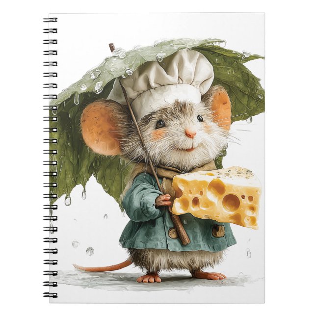 Mouse Chef in Rain with Leaf Umbrella and Cheese Anteckningsbok (Framsidan)