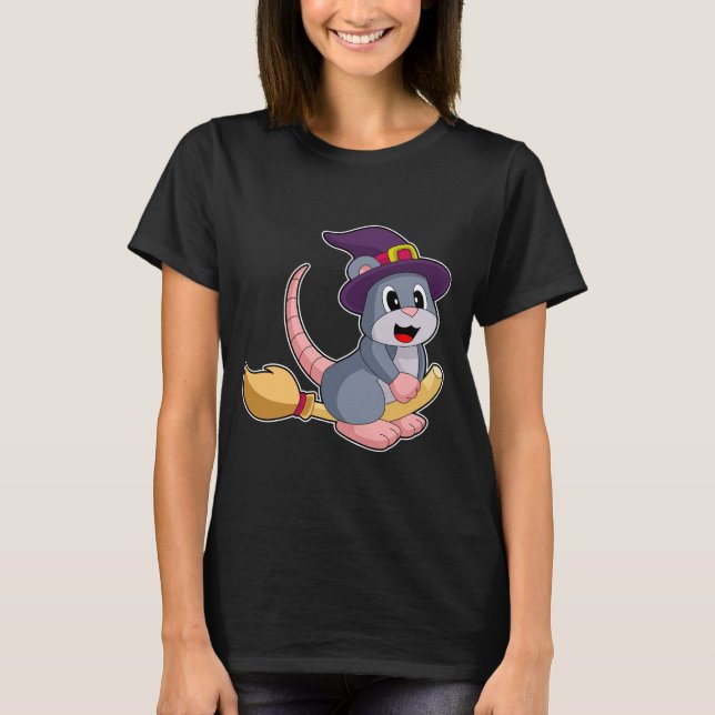 Mouse Halloween Witch Broom T Shirt (Framsida)
