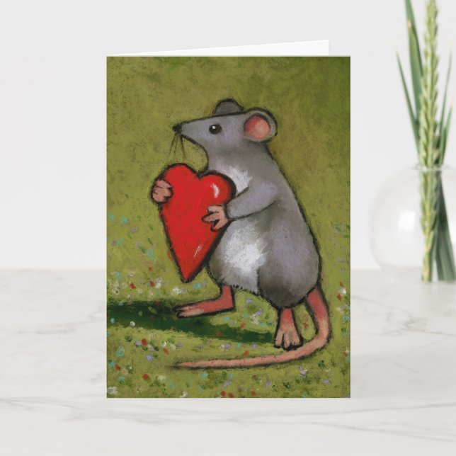 Mouse Holding Heart: Valentineser: Originalkonst Helgkort (Framsida)