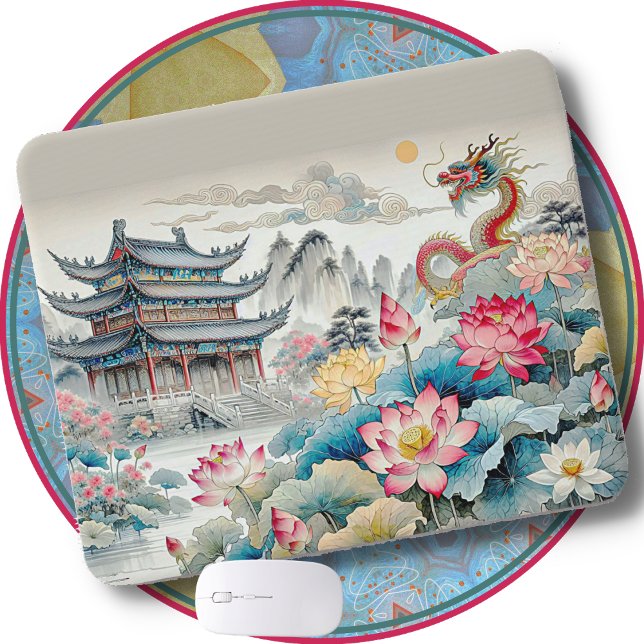 MOUSE PAD - A Dragon, a Pagoda och a Blomsterträdg Musmatta (Skapare uppladdad)