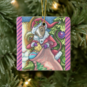 MOUSE SANTA BRINGS BRA CATS CHRISTMAS GIFTS, Cute Julgransprydnad Keramik