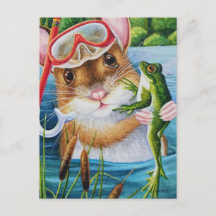 Mouse Snorkel & Mask with Bullgrog Watercolor Art Vykort
