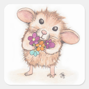 Mouse with Flower Bouquet Fyrkantigt Klistermärke