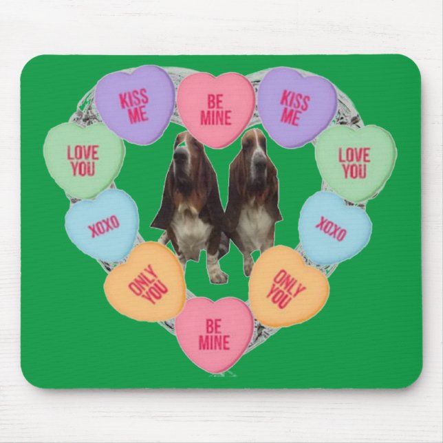 Mousepad Candy Kärlek Hearts with Bassets Musmatta (Framsidan)