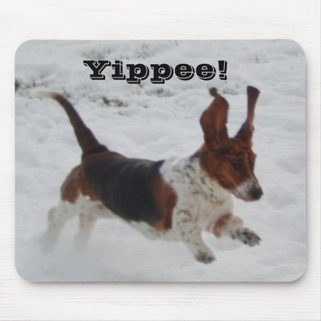 Mousepad med banhoppningBassethunden "Yippee ", Musmatta (Framsidan)