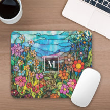 Mousepad med monogram och blomsterträdgård i glasm