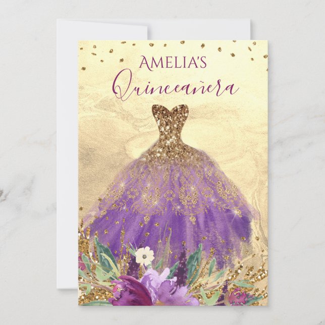 Mousserande Amethyst Dress Guld Quinceanera Inbjud Inbjudningar (Framsida)