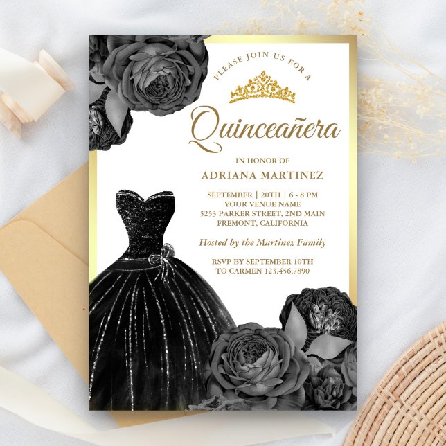 Mousserande Black Gown Grått Ro Guld Quinceanera Inbjudningar (Skapare uppladdad)