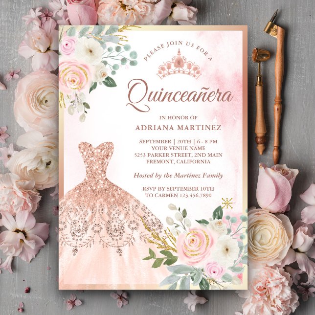 Mousserande  Blommigt Ro Guld Quinceanera Inbjudningar (Skapare uppladdad)