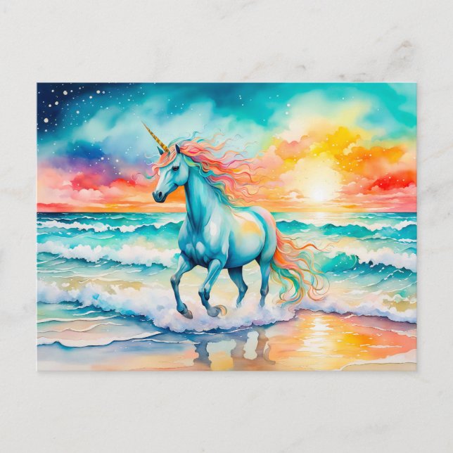 Mousserande Blue Unicorn Galloping on Ocean Shore Vykort (Framsida)