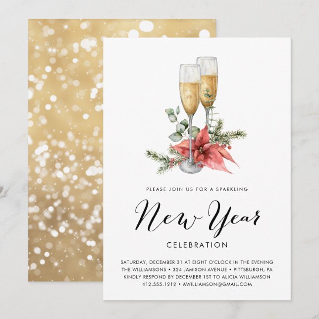 Mousserande Champagne och Greenery New Years Party Inbjudningar (Fram/baksida)