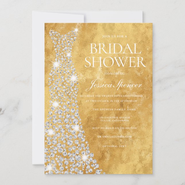 Mousserande Diamond Bröllop Dress Golden Glitter Inbjudningar (Framsida)