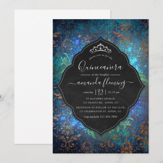 Mousserande Fantasy Vintage Damask Quinceañera Inbjudningar (Fram/baksida)