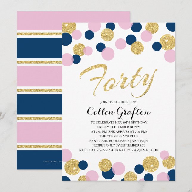 Mousserande Glitter Confetti | 40:e födelsedagen Inbjudningar (Fram/baksida)