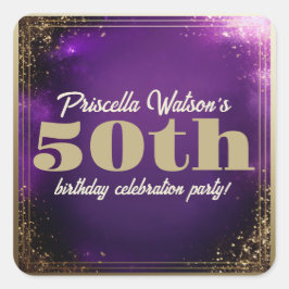 Mousserande Glitter Lila och Guld Födelsedagsfest Fyrkantigt Klistermärke