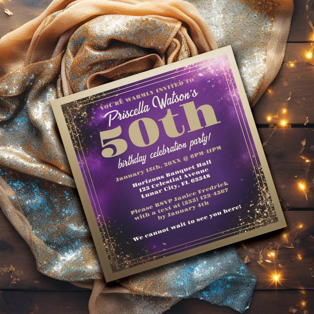 Mousserande Glitter Lila och Guld Födelsedagsfest Inbjudningar (Purple and Gold 50th Birthday Party Invitations)