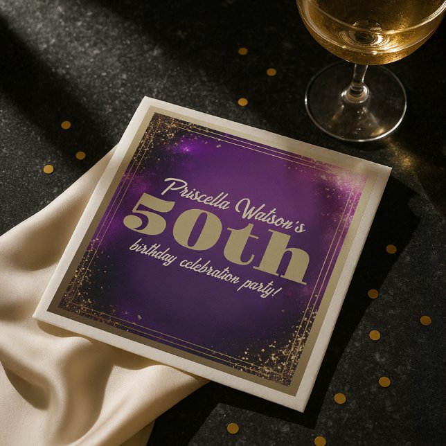 Mousserande Glitter Lila och Guld Födelsedagsfest Pappersservett (Sparkling Glitter Purple and Gold Birthday Party Napkins)