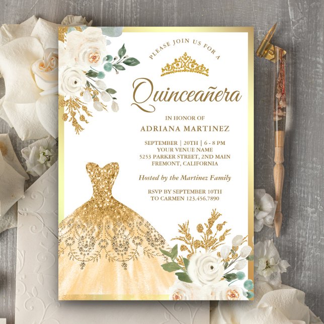 Mousserande Gown Ivory Blommigt Guld Quinceanera Inbjudningar (Skapare uppladdad)
