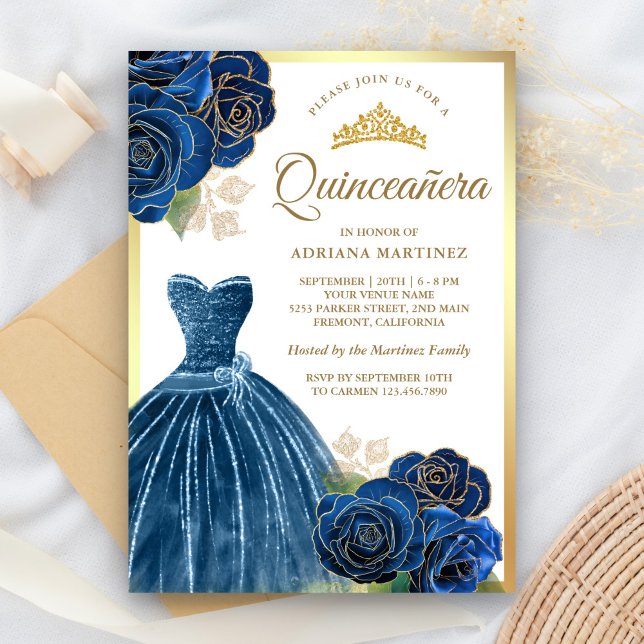 Mousserande Gown Navy Blue Ro Guld Quinceanera Inbjudningar (Skapare uppladdad)