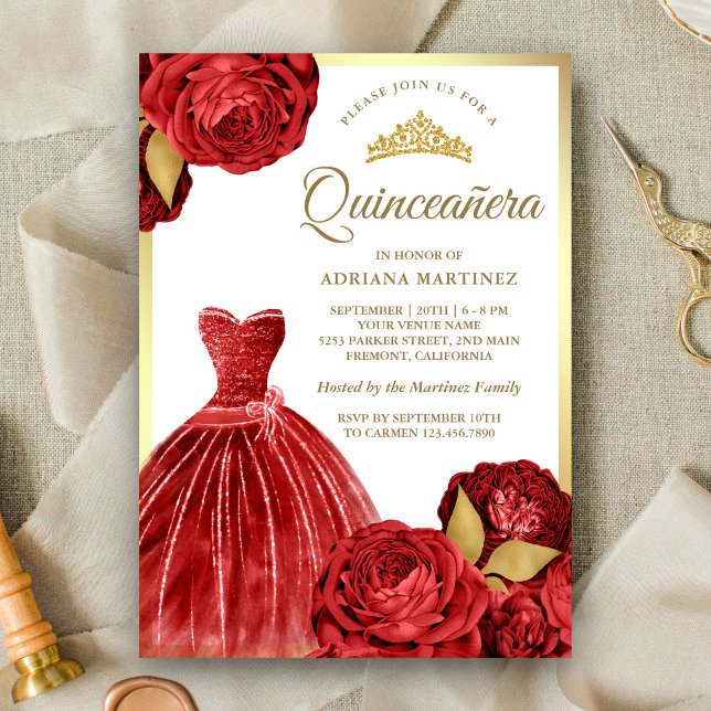 Mousserande Gown Röd ros Guld Quinceanera Inbjudningar (Skapare uppladdad)