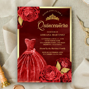 Mousserande Gown Röd ros Maroon Guld Quinceanera Inbjudningar