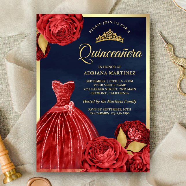 Mousserande Gown Röd ros Navy Guld Quinceanera Inbjudningar (Skapare uppladdad)