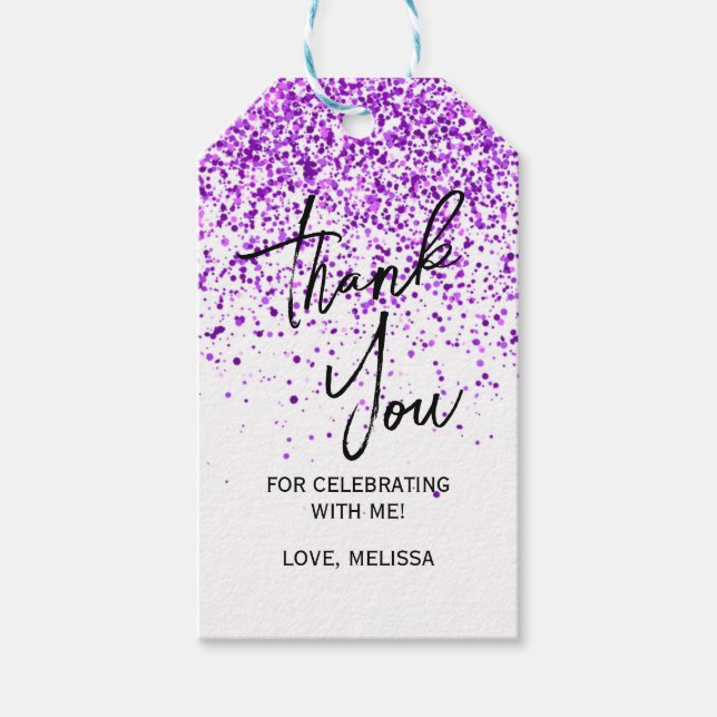 Mousserande Lila Glitter White Birthday Tack Presentetikett (Framsidan)