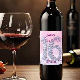 Mousserande Rosa Diamond Studed Number Sweet 16 Vinflaska Etikett