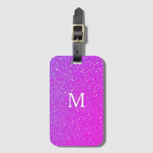 Mousserande Rosa Glitter Ombre Monogram Initial Cu Bagagebricka (Framsida vertikal)