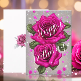 Mousserande Rosa ros på Silvery Grått Birthday Kort