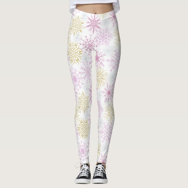 Mousserande Rosa Snöflingor Leggings (Framsida)
