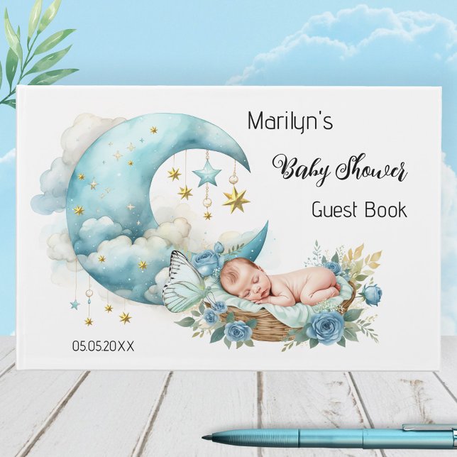 Mousserande stjärnor och Måne Boy Baby Shower Gästböcker (Baby shower guest book featuring a watercolor dreamy baby boy with a moon and sparkling stars)