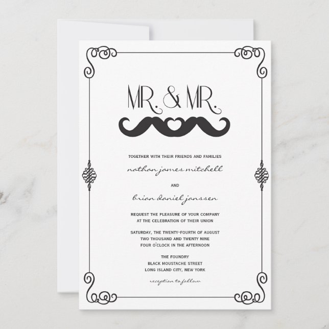 Moustache Kärlek Klassiska Antika Rullar Gay Bröll Inbjudningar (Framsida)