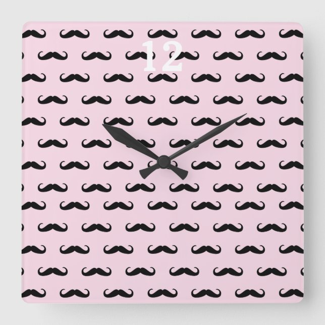 Moustache & Pink | Wanduhr Quadrat Fyrkantig Klocka (Framsida)