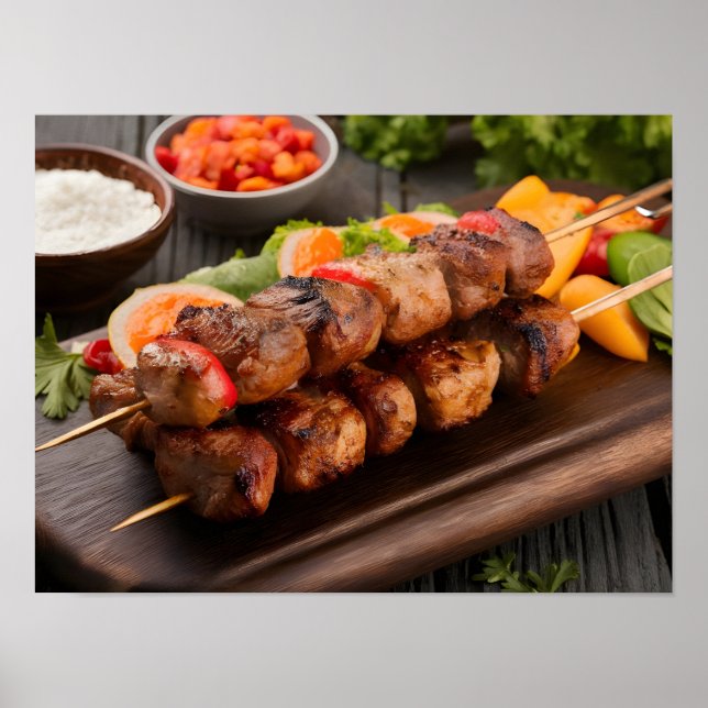 Mouthwatering Shish Kebab med grönsaker Poster (Framsidan)
