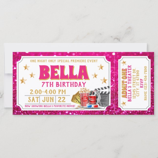 Movie Biljett Birthday bjudande Rosa Glitter (Framsida)