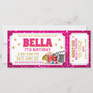 Movie Biljett Birthday bjudande Rosa Glitter