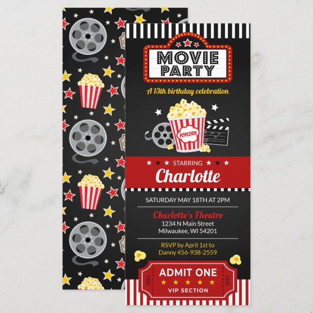 Movie Biljett Inbjudan, inbjudan till filmkvällssa (Fram/baksida)