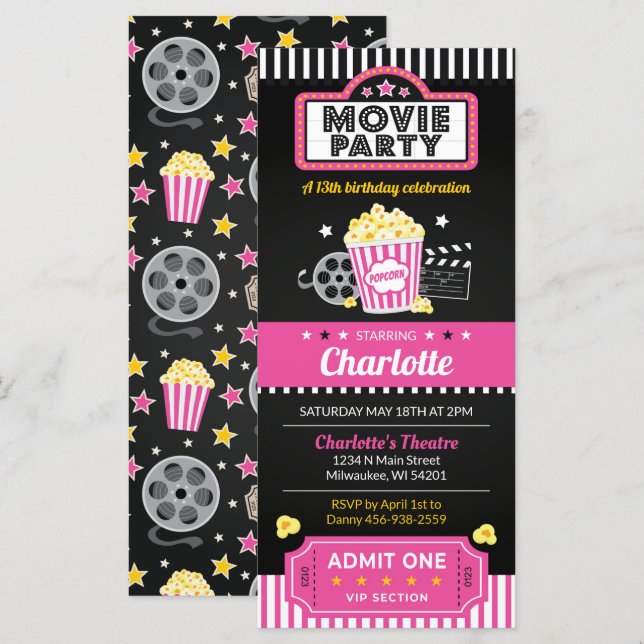 Movie Biljett Inbjudan, Rosa för filmkvällsinbjuda (Fram/baksida)