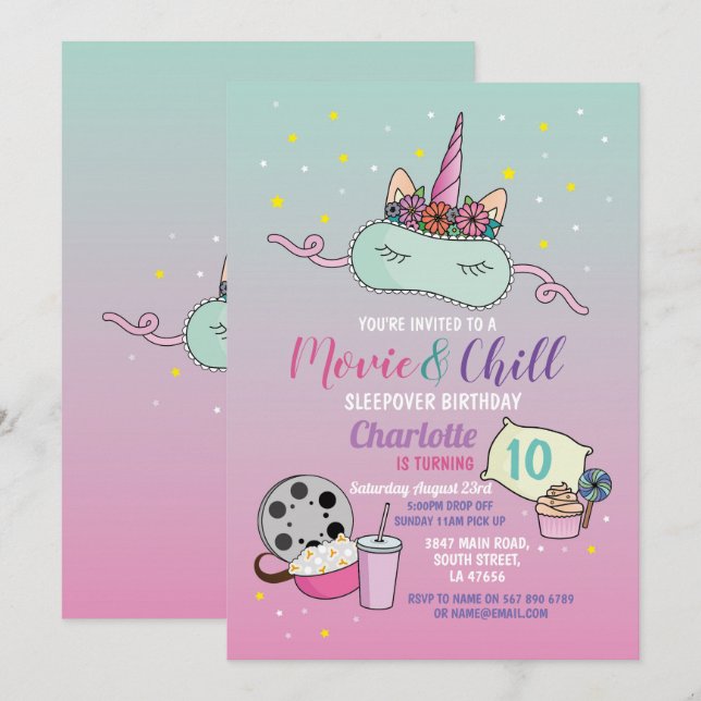 Movie & Chill Birthday Unicorn Sleepover Slumber Inbjudningar (Fram/baksida)