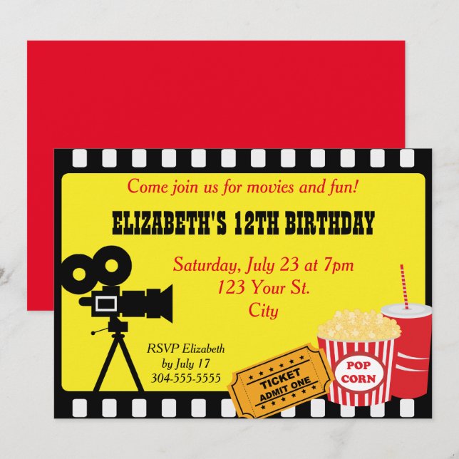 Movie Night Birthday Inbjudningar (Fram/baksida)