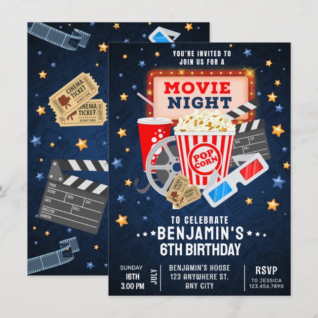 Movie night Birthday Inbjudningar (Fram/baksida)
